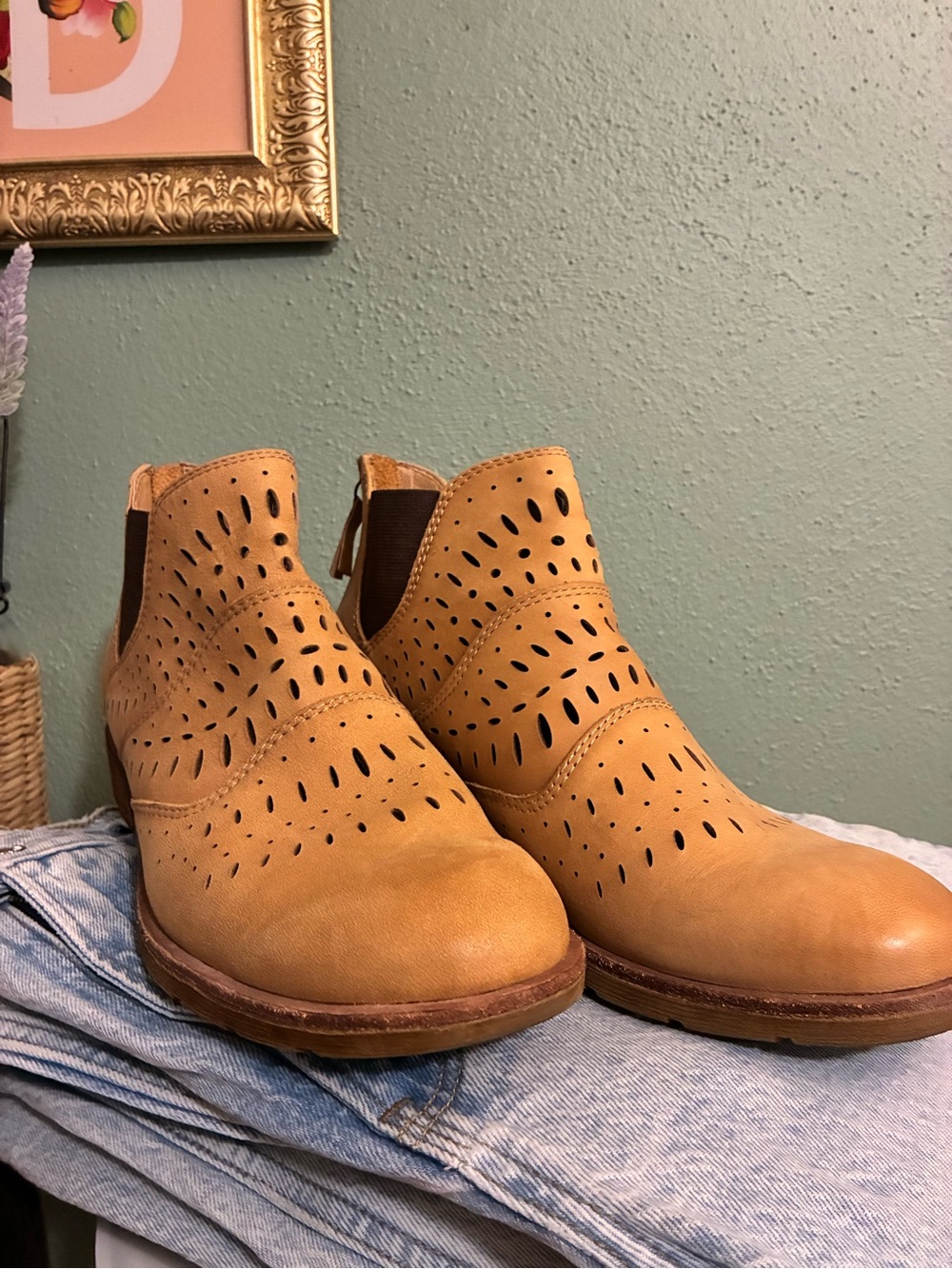 Sofft Tan Perforated Leather Ankle Booties with Back Zip